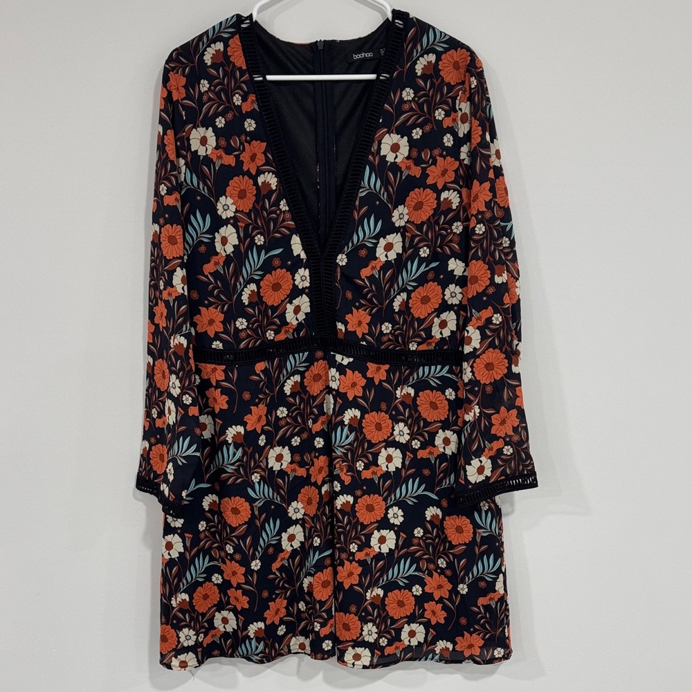 Boohoo Black Mini Fall Floral Dress with Orange and White Accents